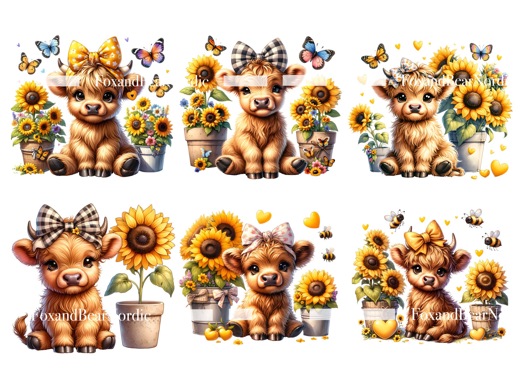 Watercolor Sunflower Highland Cow PNG Sunflower Clipart Baby Animal Clipart Butterfly PNG Watercolor Cow Clip Art Commercial Use Digital image 6