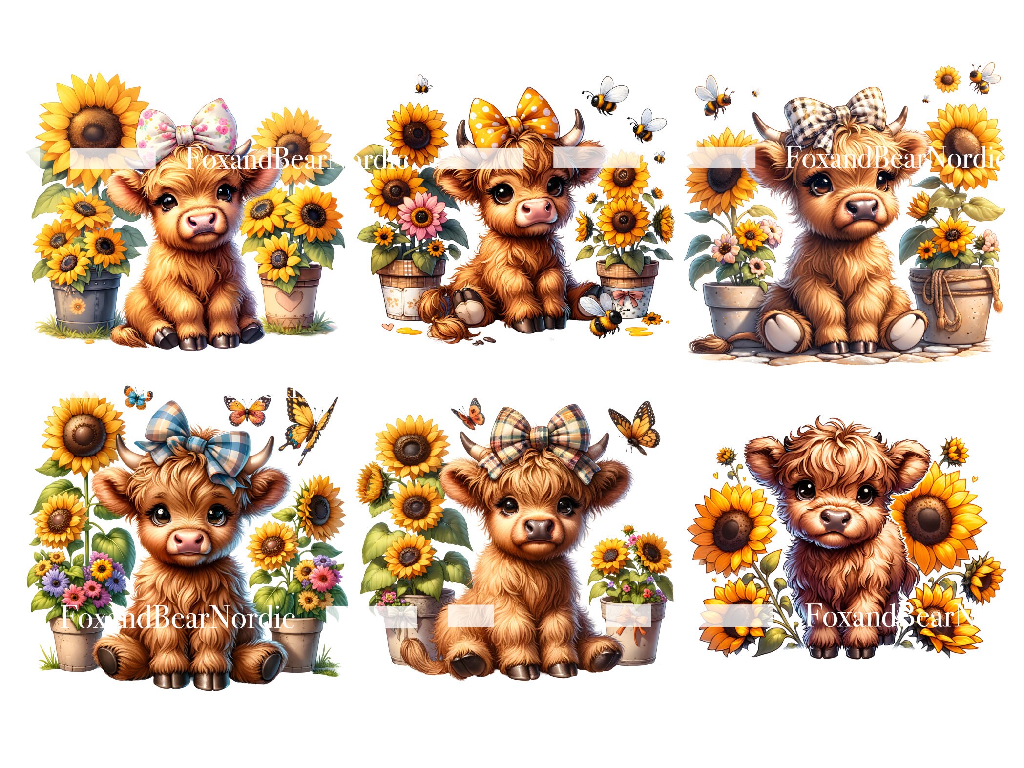 Watercolor Sunflower Highland Cow PNG Sunflower Clipart Baby Animal Clipart Butterfly PNG Watercolor Cow Clip Art Commercial Use Digital image 8