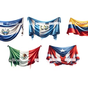 May include: Five flags draped in a swag style, each representing a different country. The flags are: El Salvador, Guatemala, Colombia, Mexico, and Puerto Rico.