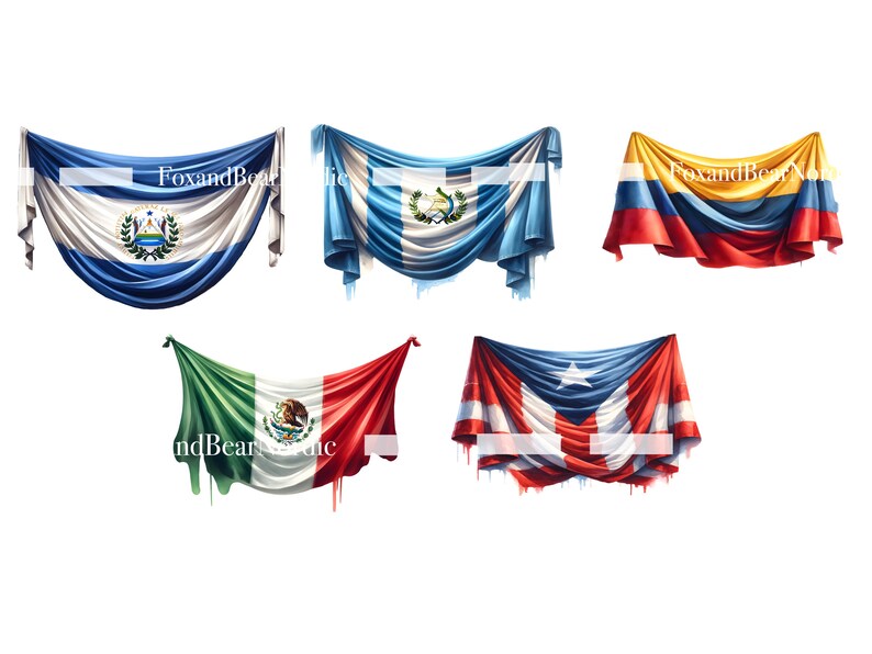 May include: Five flags draped in a swag style, each representing a different country. The flags are: El Salvador, Guatemala, Colombia, Mexico, and Puerto Rico.