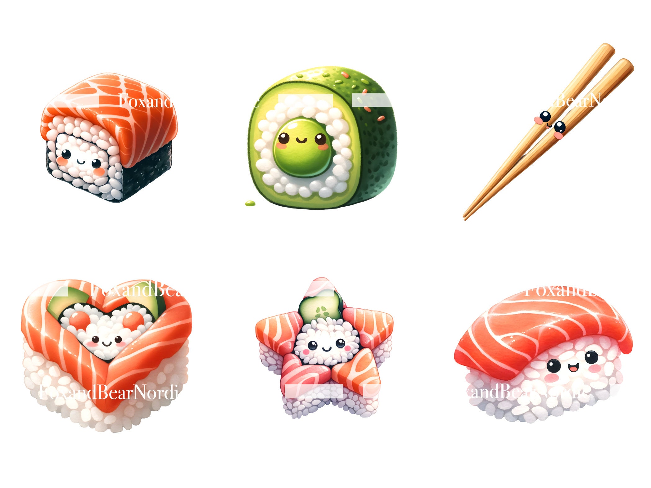 Watercolor Kawaii Sushi Clipart Food Clipart Salmon Sushi Stickers Japanese Clipart Watercolor Clipart Watercolor Clip Art Commercial Use image 7
