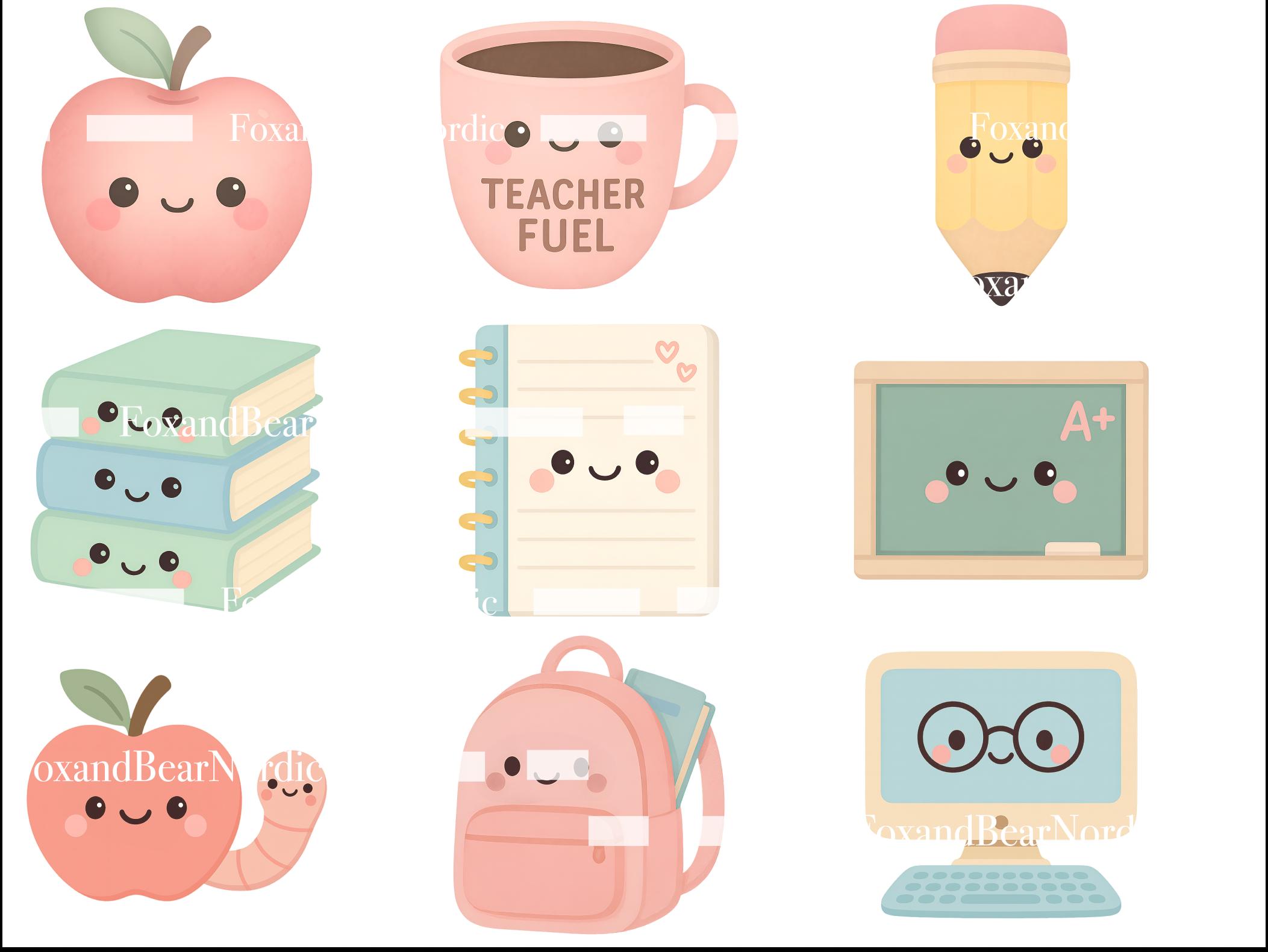 Kawaii Teacher Clipart PNG Bundle | Cute Apples, Books, Coffee & School Supplies | Pastel Classroom Clipart, 300 DPI image 4