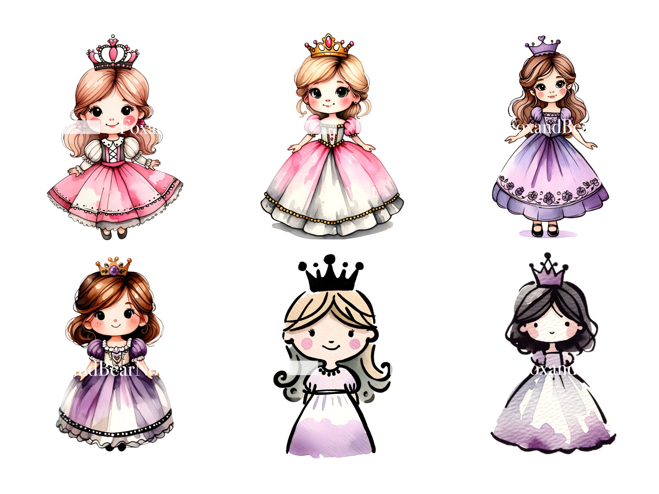 Watercolor Pink Princess Clipart PNG Bundle Princess Birthday Clipart Watercolor Clipart Commercial Use Watercolor Clip Art Digital Stickers image 5