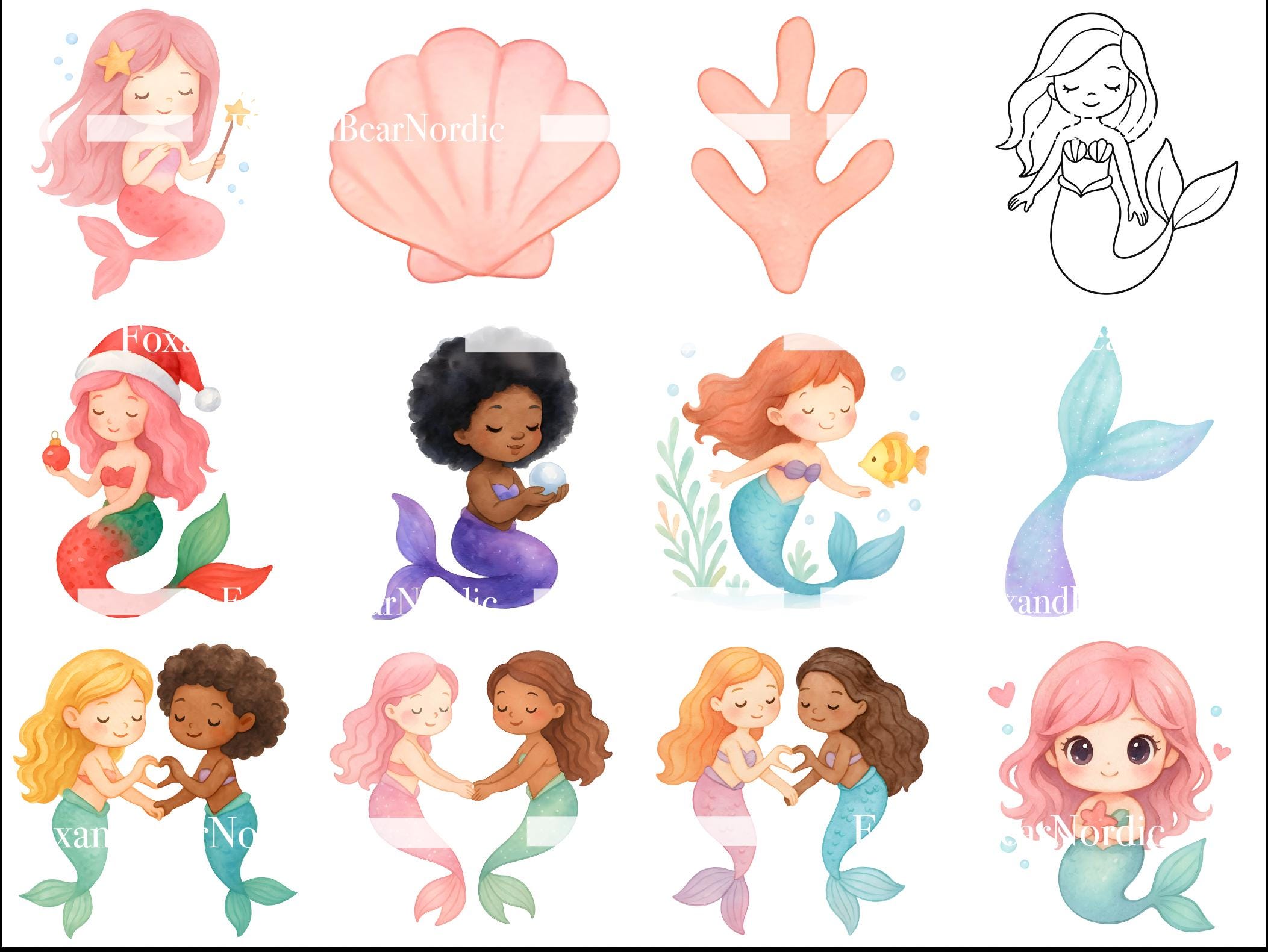 Cute Watercolor Mermaid Clipart Bundle | 34 PNG Under the Sea | Pastel Mermaids, Tails & Seashells for Nursery and Mermaid Birthday Party image 5
