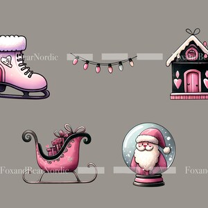 Peut inclure: Ensemble d'illustrations sur le th&egrave;me de No&euml;l. Comprend un patin &agrave; glace rose, une guirlande lumineuse, une maison noire et rose, une luge rose avec des cadeaux et une boule &agrave; neige avec le P&egrave;re No&euml;l. Style fantaisiste et de dessin anim&eacute;.