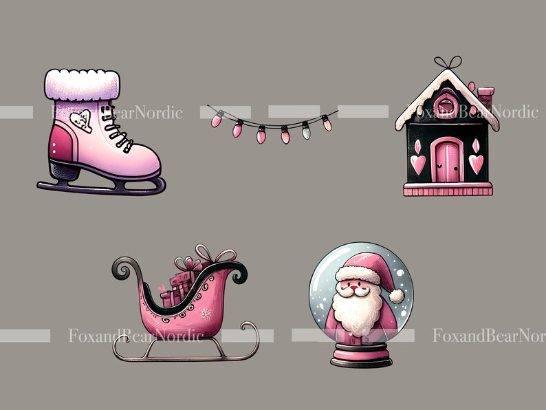 Peut inclure: Ensemble d'illustrations sur le th&egrave;me de No&euml;l. Comprend un patin &agrave; glace rose, une guirlande lumineuse, une maison noire et rose, une luge rose avec des cadeaux et une boule &agrave; neige avec le P&egrave;re No&euml;l. Style fantaisiste et de dessin anim&eacute;.