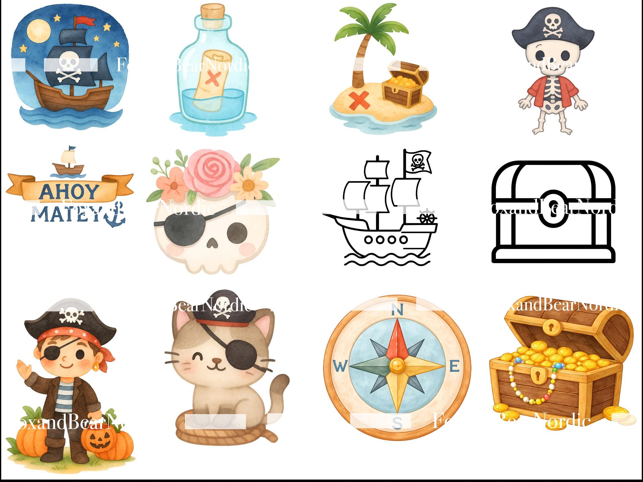 Cute Pirate Kids Watercolor Clipart Bundle | 24 PNG | Ships, Treasure Maps & Pirate Birthday Party Graphics for Scrapbooking image 5