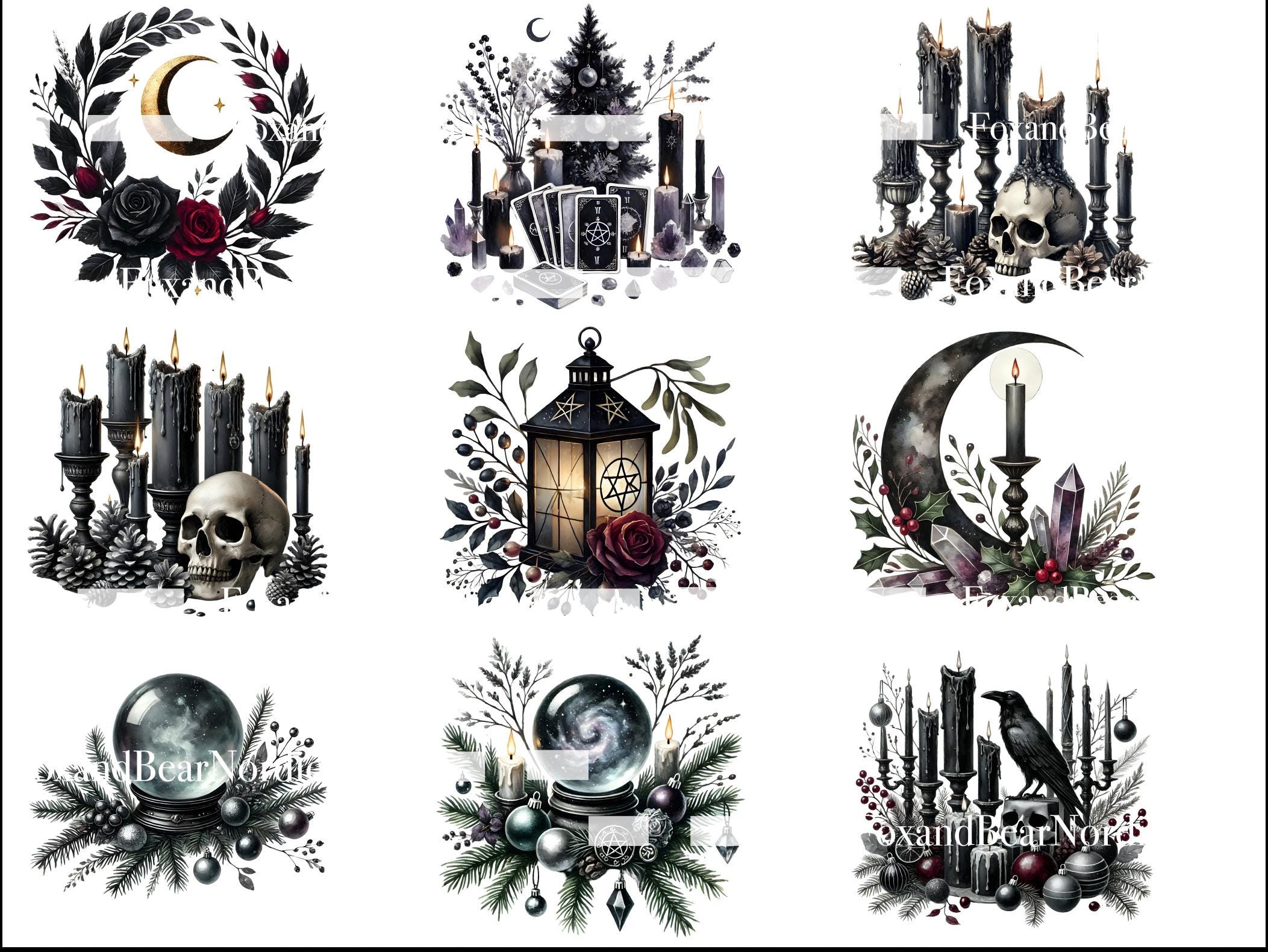 Gothmas Clipart PNG Bundle Dark Gothic Christmas Clip Art Raven Skulls Bats Ornaments Goth Spooky Holiday Occult Sublimation PNG image 5