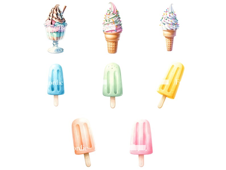 K&ouml;nnte beinhalten: Ein Set mit neun Illustrationen von Eiscreme und Eis am Stiel. Das Set enth&auml;lt ein Eisbecher mit Schokoladen- und rosa Eis, einen Vanille-Eisbecher mit Streuseln, einen Vanille-Eisbecher mit Streuseln, ein blaues Eis am Stiel, ein gr&uuml;nes Eis am Stiel, ein gelbes Eis am Stiel, ein orangefarbenes Eis am Stiel, ein rosa Eis am Stiel und ein Pfirsich-Eis am Stiel.
