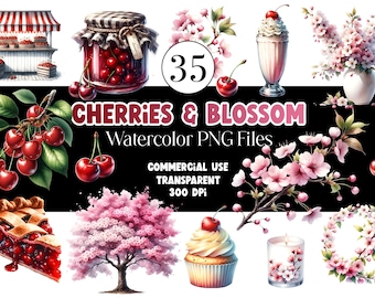 Watercolor Cherry Clipart Cherry Blossom Tree Cherry Pie Cherry PNG Watercolor Clipart Watercolor Clip Art Digital Stickers Commercial Use