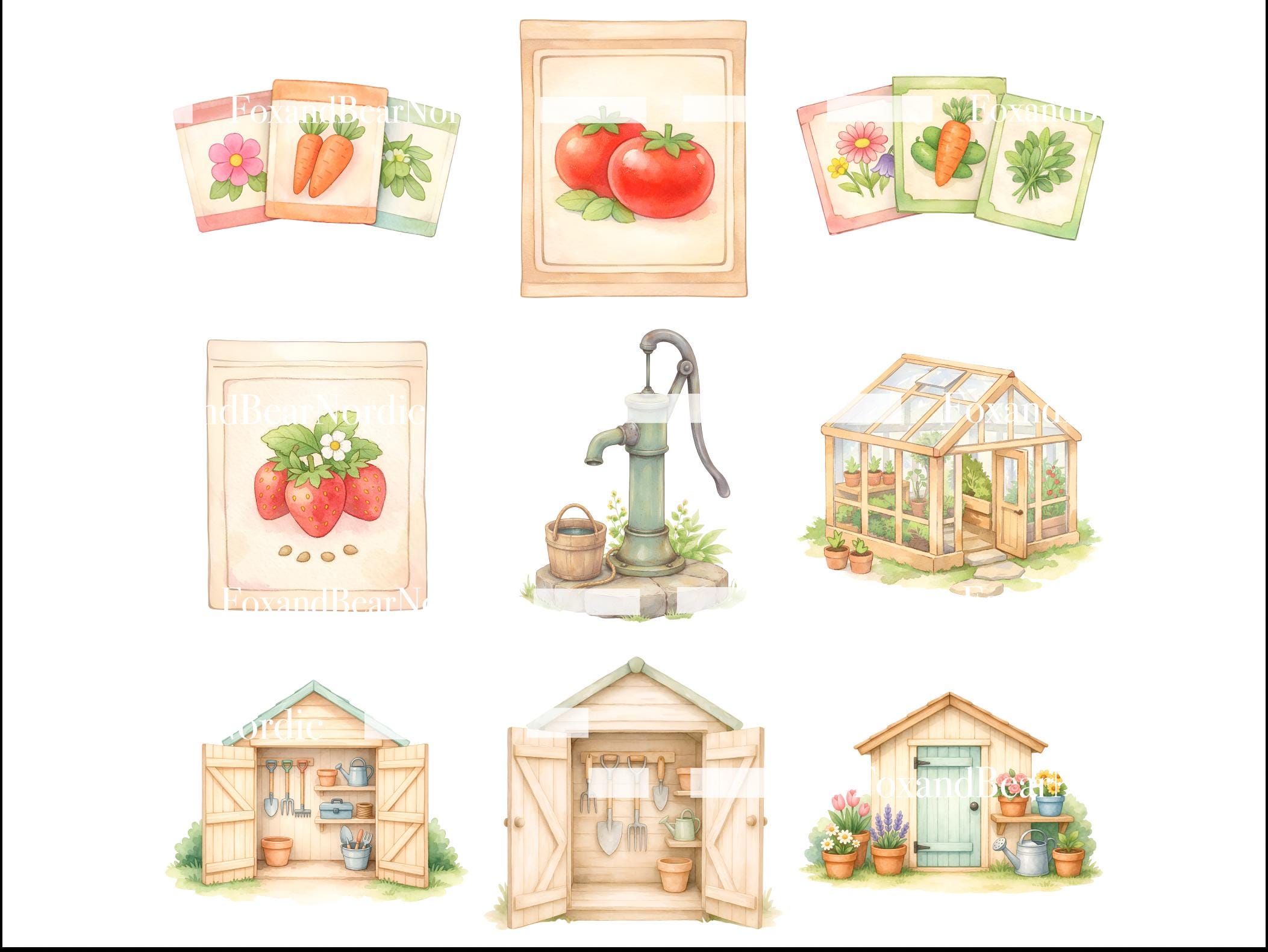 Spring Gardening Watercolor Clipart Bundle: Greenhouse, Flowers, Plants (72 PNG Files) image 7