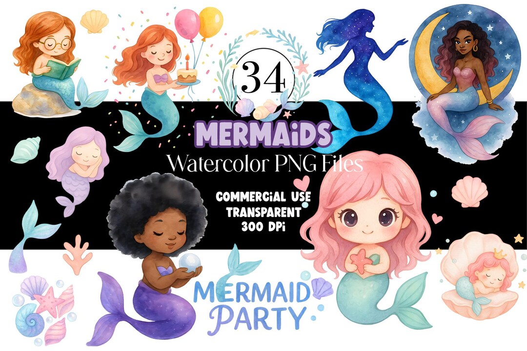 Cute Watercolor Mermaid Clipart Bundle | 34 PNG Under the Sea | Pastel ...
