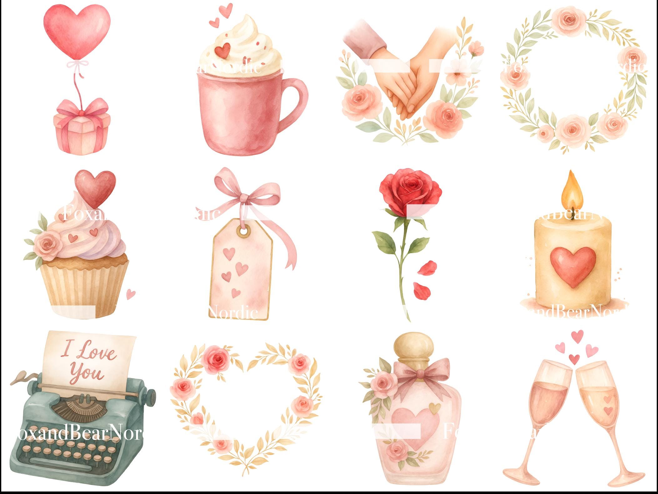 Watercolor Valentine’s Clipart PNG Bundle | Valentine Romantic Hearts, Roses, Envelopes & Love Letters | Vintage Pink Floral PNG | 300 DPI image 5