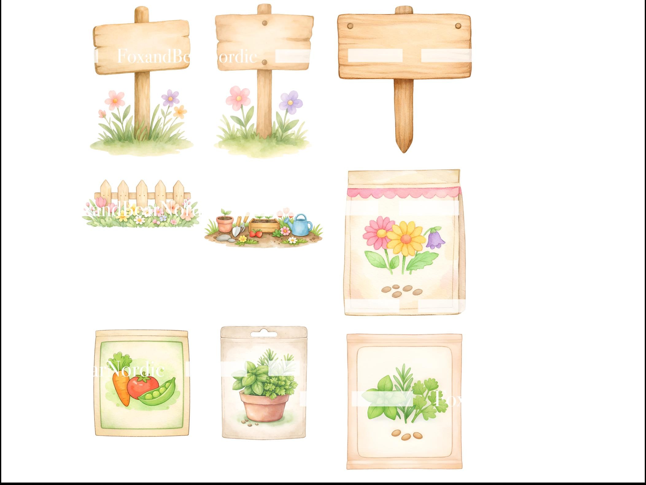 Spring Gardening Watercolor Clipart Bundle: Greenhouse, Flowers, Plants (72 PNG Files) image 8