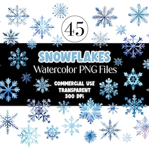 May include: 45 watercolor snowflake PNG files. The snowflakes are blue and white and have a variety of designs. The text "SNOWFLAKES Watercolor PNG Files" is in blue letters on a black background. The text "COMMERCIAL USE TRANSPARENT 300 DPI" is in white letters on a black background.