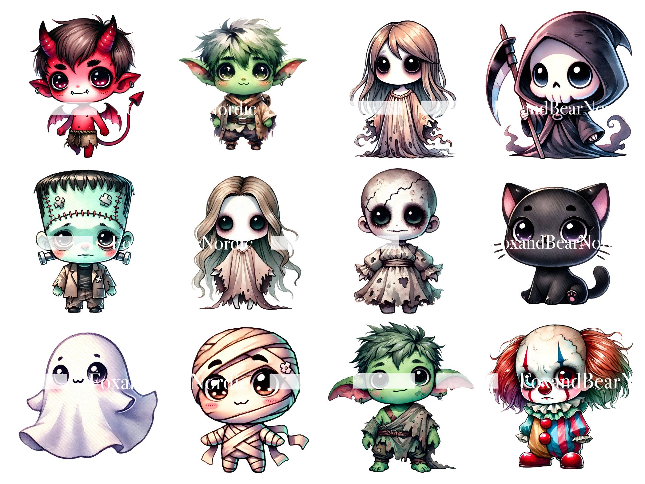 Halloween Chibi Clipart Cute Ghost PNG Halloween Clipart Halloween PNG Kawaii Cute Halloween Chibi Doll Black Cat Commercial Use image 6