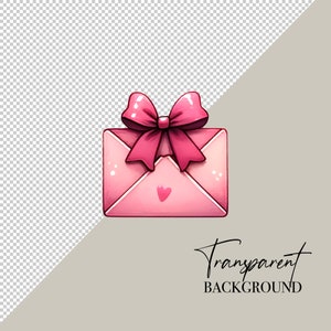 Peut inclure: Une enveloppe rose avec un n&oelig;ud rose et une petite illustration de c&oelig;ur. Les mots "Transparent Background" sont &eacute;crits en cursive en dessous de l'enveloppe. L'enveloppe est rose clair avec un n&oelig;ud rose plus fonc&eacute;.