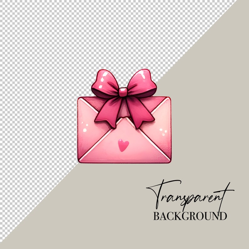 Peut inclure: Une enveloppe rose avec un n&oelig;ud rose et une petite illustration de c&oelig;ur. Les mots "Transparent Background" sont &eacute;crits en cursive en dessous de l'enveloppe. L'enveloppe est rose clair avec un n&oelig;ud rose plus fonc&eacute;.