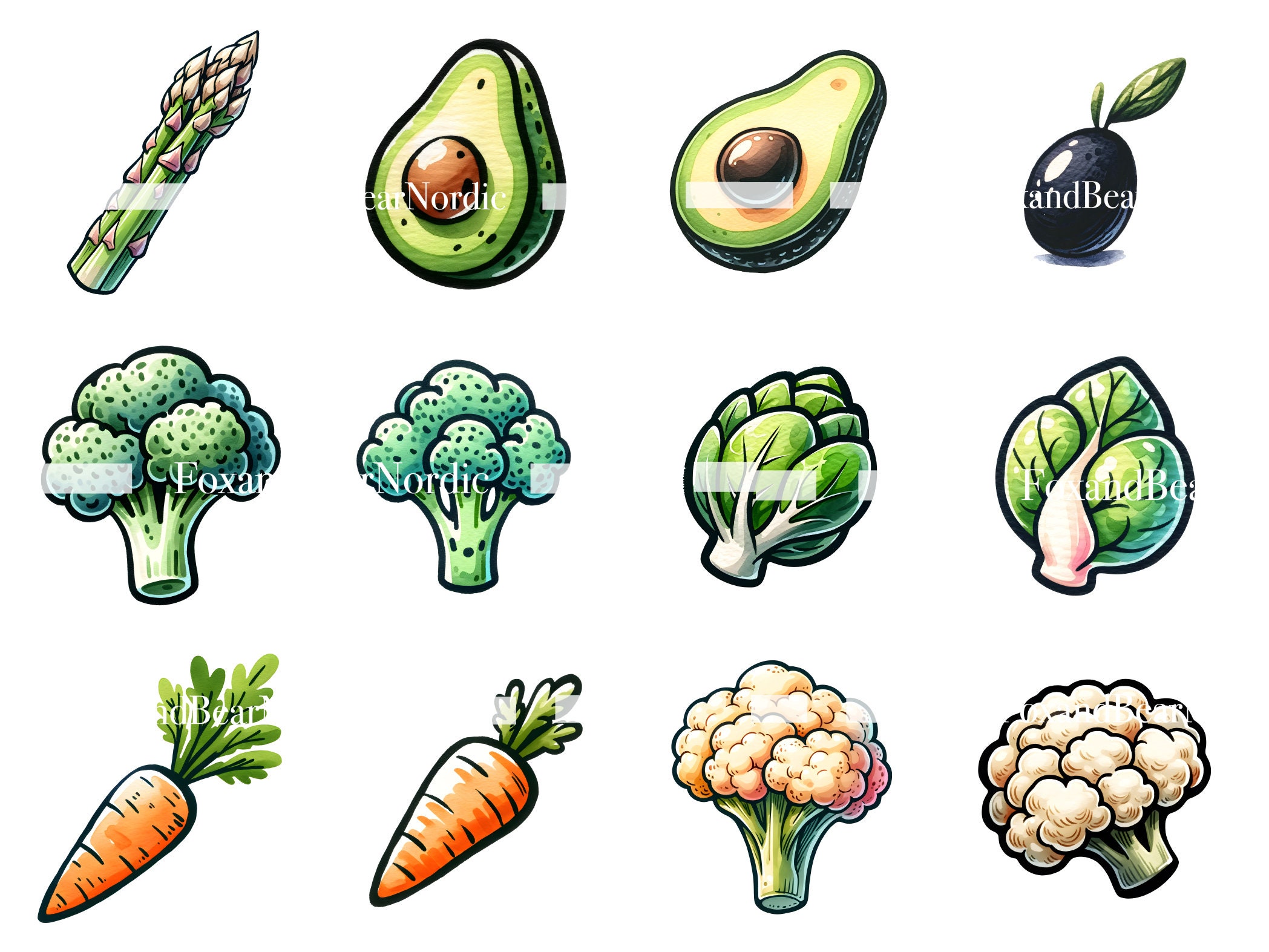 Digital Vegetable Clipart Farmers Market PNG Mushroom Tomato Broccoli Carrot Clipart Watercolor Clipart Watercolor Clip Art Commercial Use image 4