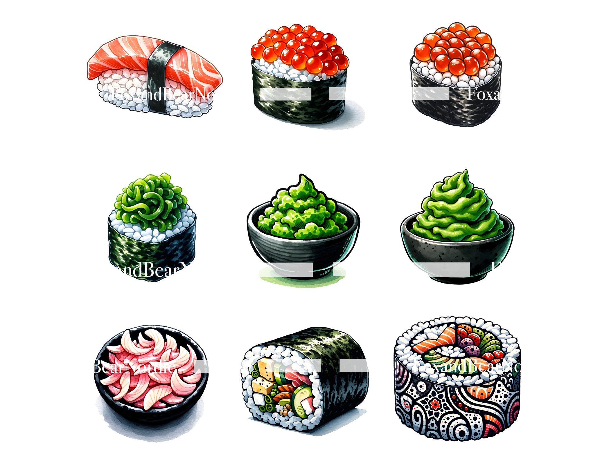 Watercolor Sushi Clipart Food Clipart Salmon Sushi Stickers Japanese Clipart Watercolor Clipart Watercolor Clip Art Commercial Use image 5