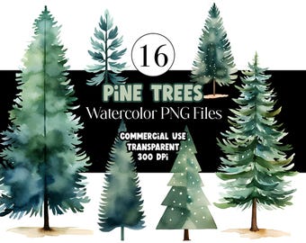 Puede incluir: Conjunto de 16 ilustraciones de árboles de pino en acuarela. Los árboles son de varios tonos de verde y azul, algunos con un efecto de nieve. El texto "Pine Trees Watercolor PNG Files" se muestra sobre un fondo negro.