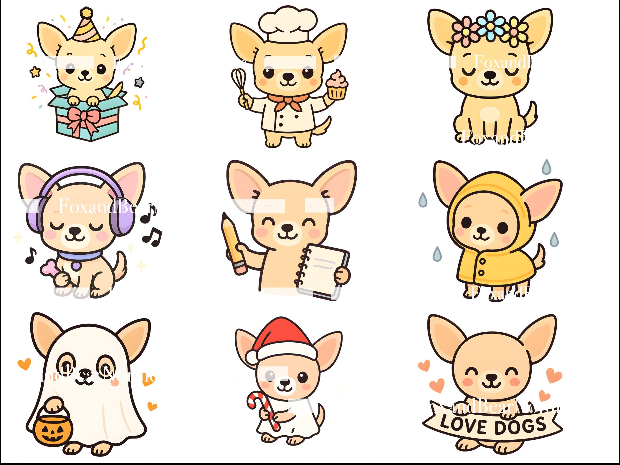 Kawaii Chihuahua Clipart PNG | Cute Dog Stickers | 18 Pastel Puppy Images | Cartoon Chihuahua PNG | Digital Clipart Commercial Use image 5
