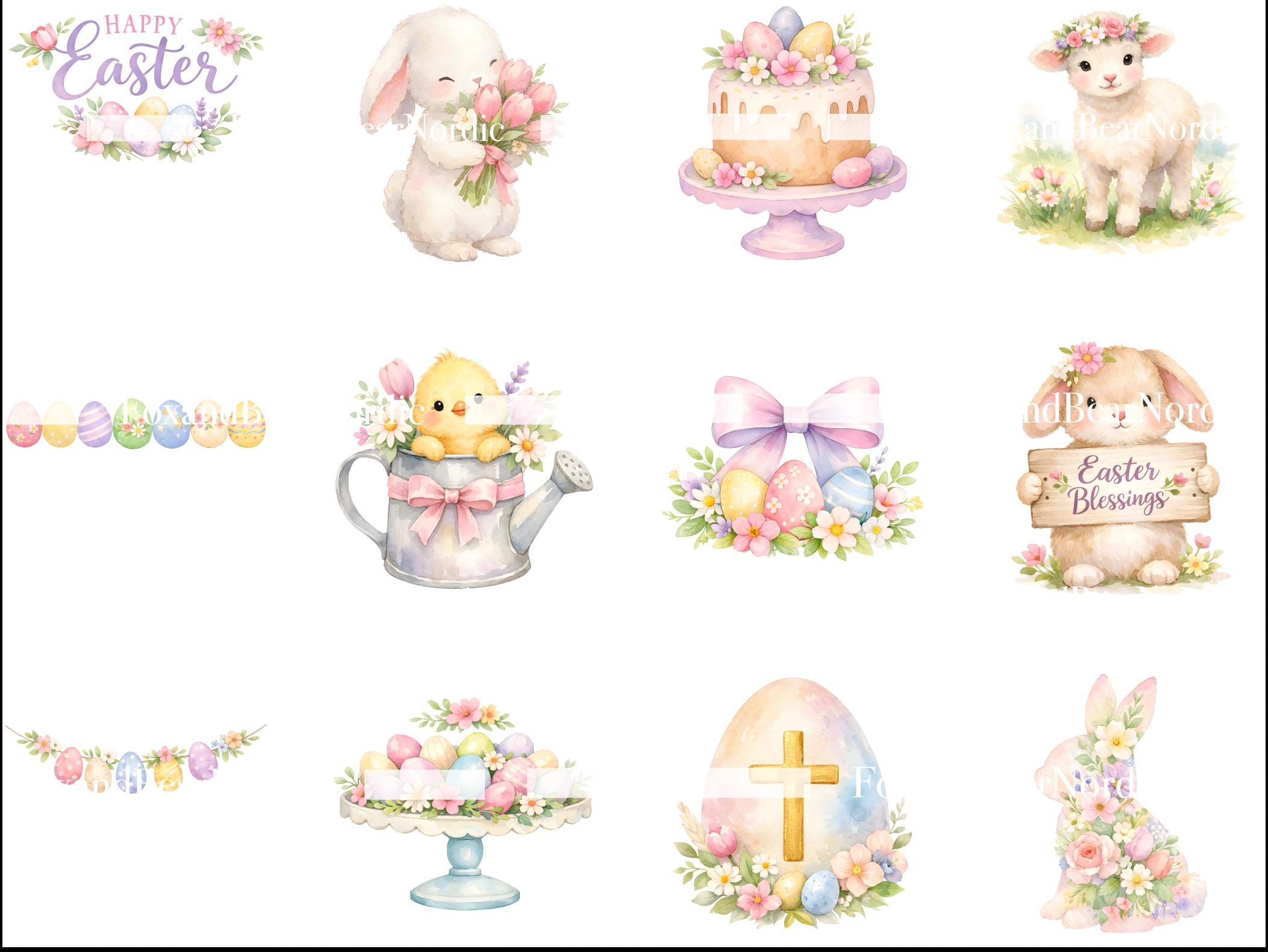 Watercolor Easter Clipart PNG Bundle | Bunny, Eggs, Chicks & Florals | Whimsical Pastel Spring Clip Art, 300 DPI image 5
