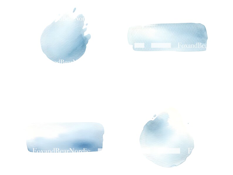 Puede incluir: Cuatro pinceladas de acuarela azul claro sobre un fondo blanco. Las formas incluyen un c&iacute;rculo, un rect&aacute;ngulo y dos formas irregulares. El texto "FoxandBearNordic" es visible en dos de las pinceladas.