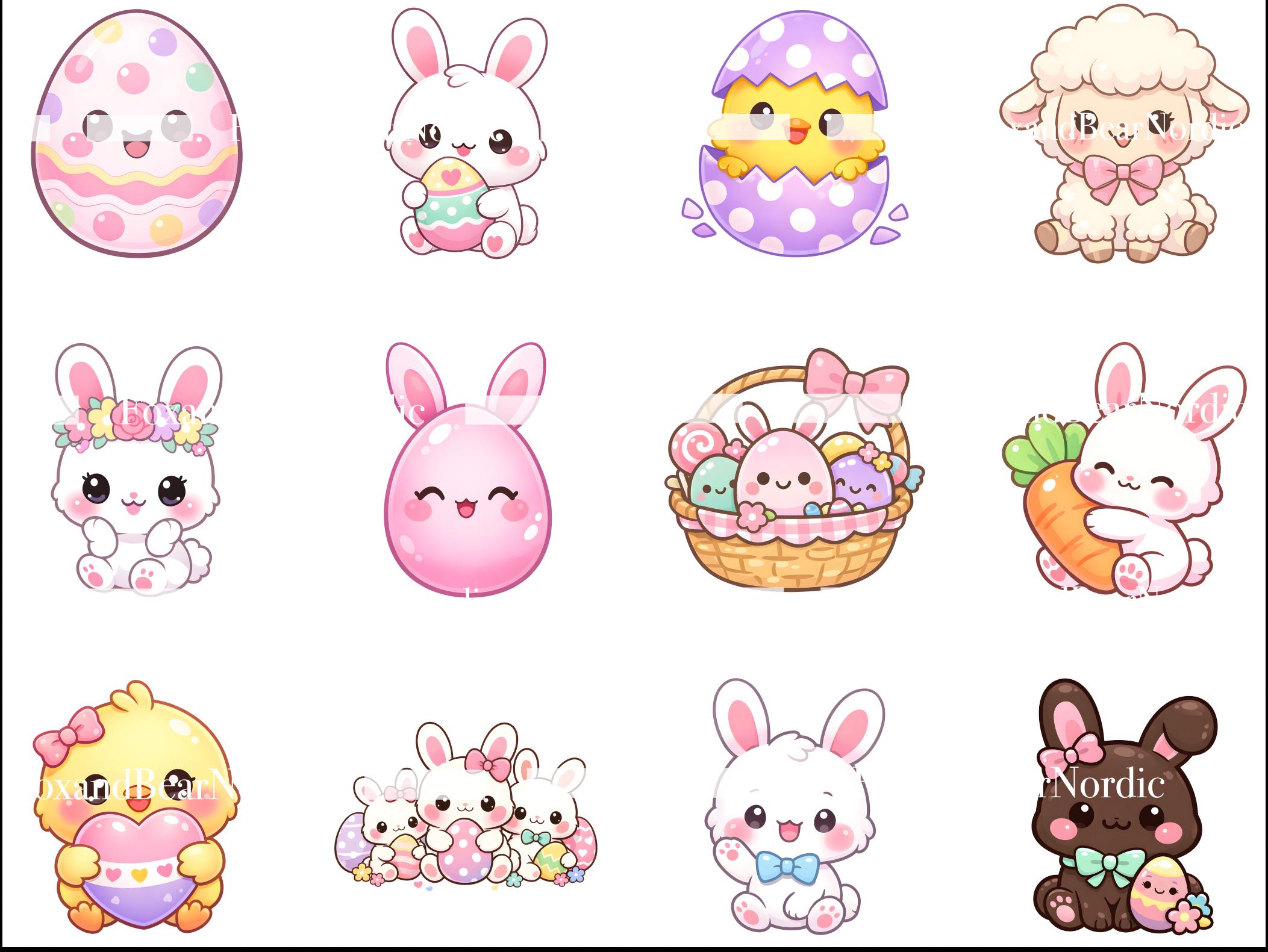 Kawaii Easter Clipart PNG Bundle | Cute Bunnies, Eggs, Chicks & Candy | Pastel Spring Cartoon Clipart, 300 DPI image 4