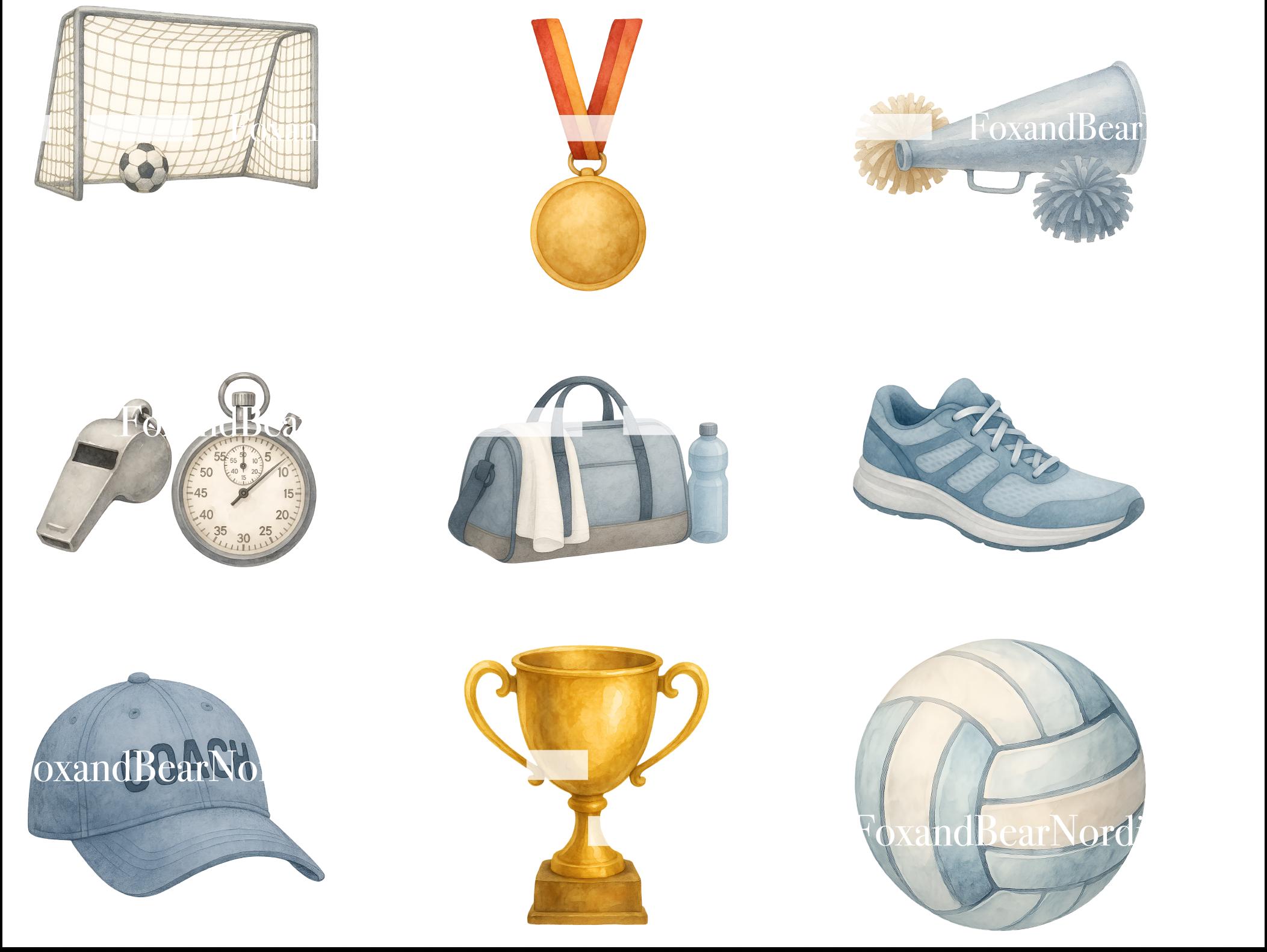Sports Clipart PNG Bundle | Watercolor Football, Baseball, Basketball, Soccer, Volleyball, Trophy, Coach Gear, Game Day Elements, Cheer png image 5