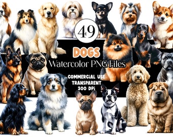 Watercolor Dog Breeds Clipart Bundle Dog PNG Golden Retriever PNG Labradoodle PNG German Shepherd Boston Terrier Corgi Commercial Use