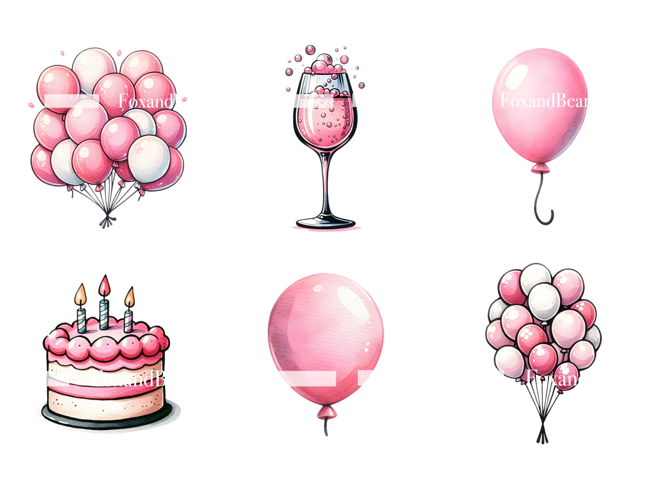 Pink Birthday Party Cake Clipart Gifts Balloon Clipart PNG Bundle Watercolor Clipart Commercial Use Watercolor Clip Art Digital Stickers image 4