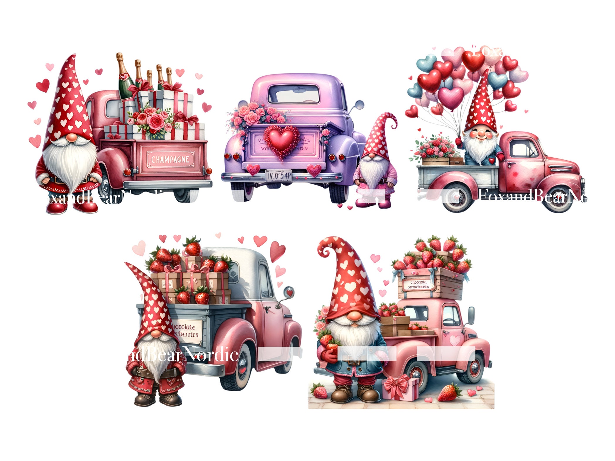 Valentines Gnome Clipart Pink Truck Gnome Valentine PNG Valentines Watercolor Clipart Commercial Use Watercolor Clip Art Digital Stickers image 8