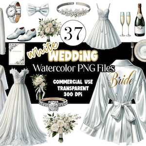 Può includere: Un set di 37 illustrazioni ad acquerello per un matrimonio bianco. Le illustrazioni includono una sposa e uno sposo, un abito da sposa, un bouquet, una torta e altri oggetti legati al matrimonio. Le illustrazioni sono in uno schema di colori bianco e oro.