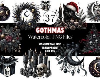 Gothmas Clipart PNG Bundle Dark Gothic Christmas Clip Art Raven Skulls Bats Ornaments Goth Spooky Holiday Occult Sublimation PNG