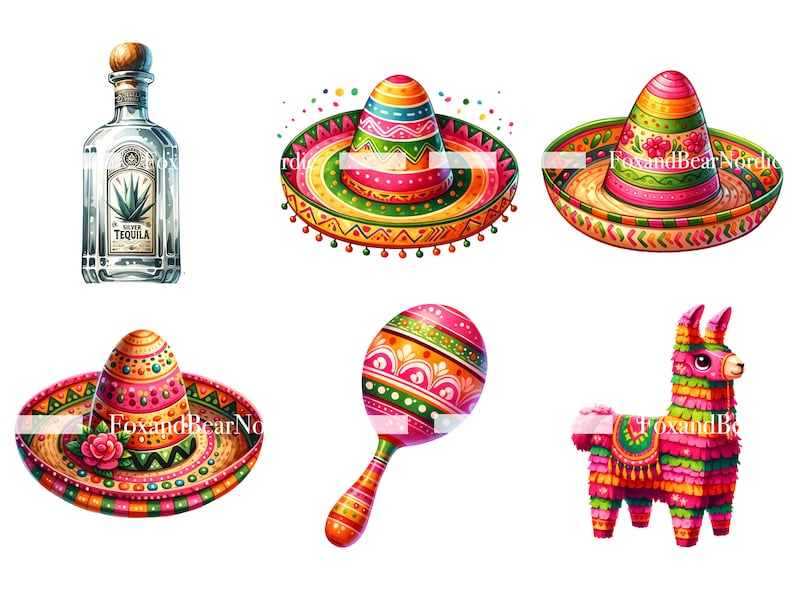 May include: A set of colourful Mexican fiesta party decorations, including a maraca, a pi&ntilde;ata shaped like a llama, a bottle of tequila, and three sombreros.