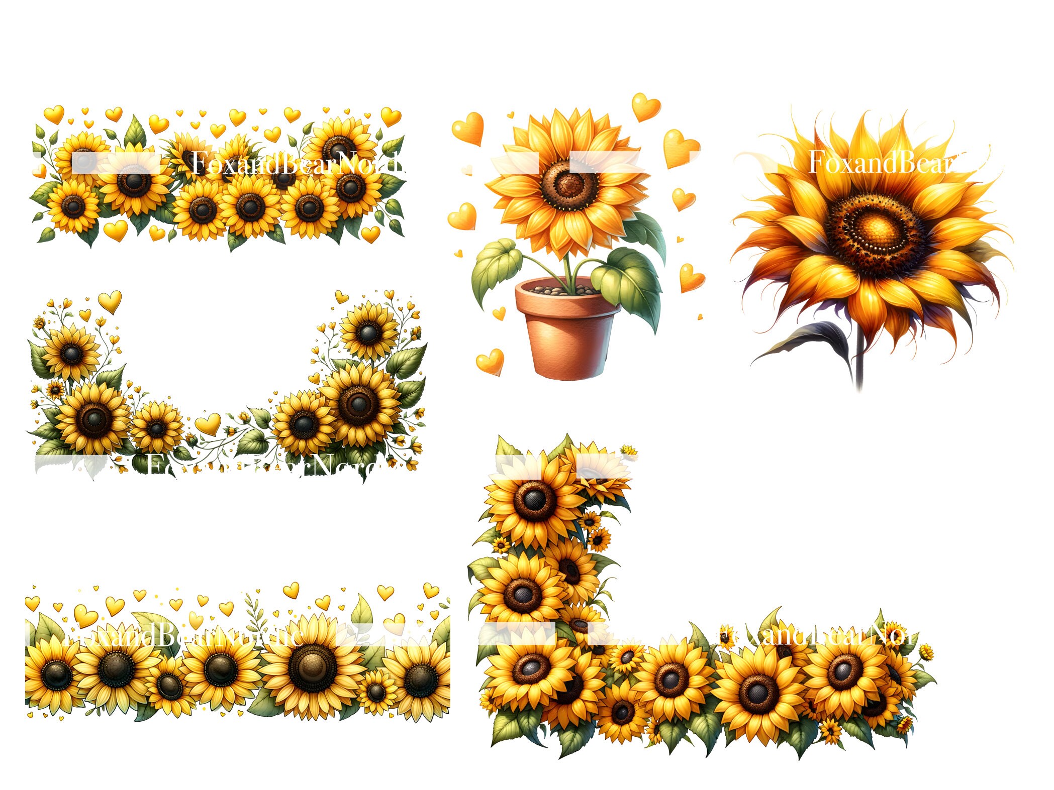 Watercolor Sunflower Clipart Sunflower Border Flower Clipart Sunflower PNG Spring PNG Summer Clipart Watercolor Clip Art Commercial Use image 8