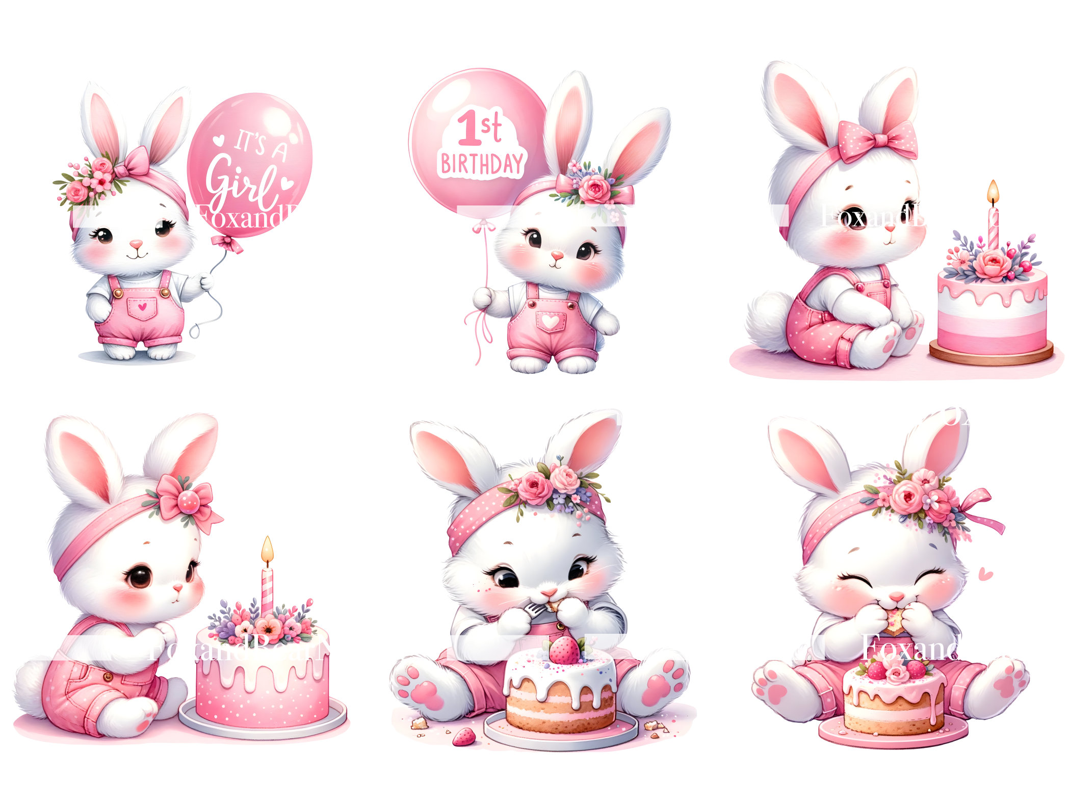 Baby Bunny Birthday Party Clipart Baby Girl Clipart 1st Birthday Girl PNG Bunny Watercolor Clipart Clip Art Commercial Use Digital Download image 5
