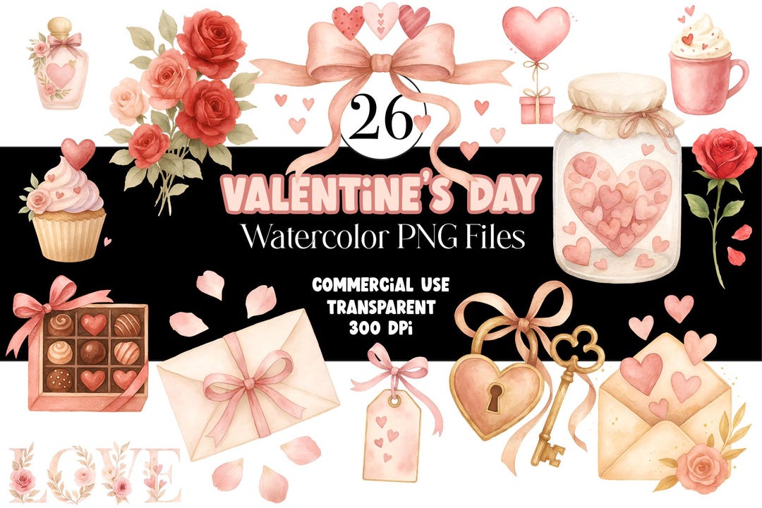 Watercolor Valentine’s Clipart PNG Bundle | Valentine Romantic Hearts ...
