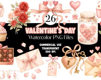May include: Watercolor Valentine's Day PNG files featuring various elements like roses, hearts, cupcakes, chocolates, and envelopes. The image includes a jar filled with hearts, a lock and key, and the text "VALENTINE'S DAY".