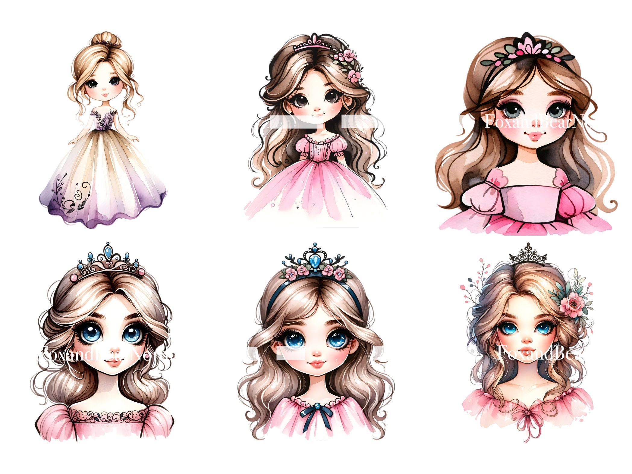 Watercolor Pink Princess Clipart PNG Bundle Princess Birthday Clipart Watercolor Clipart Commercial Use Watercolor Clip Art Digital Stickers image 8