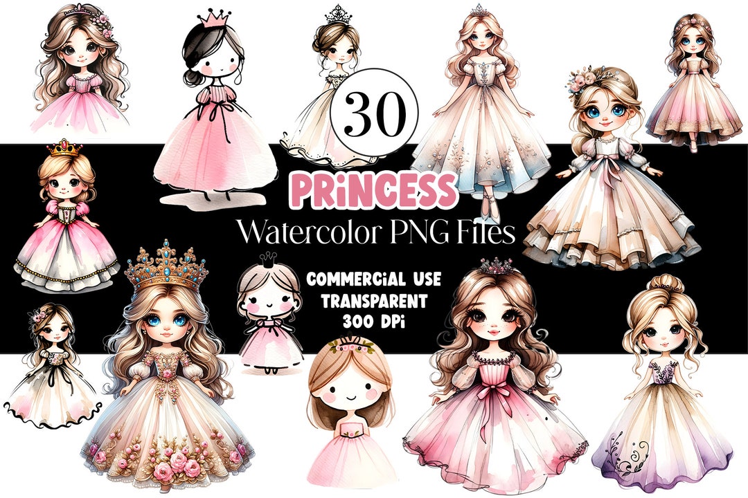 Watercolor Pink Princess Clipart PNG Bundle Princess Birthday Clipart ...
