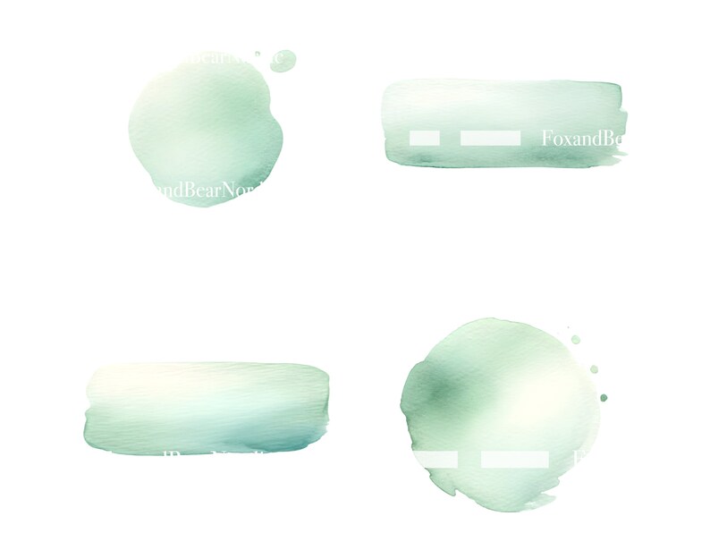 Puede incluir: Cuatro pinceladas de acuarela en tonos verdes y blancos sobre fondo blanco. Las formas incluyen dos c&iacute;rculos y dos rect&aacute;ngulos. El texto "FoxandBearNord" es parcialmente visible en dos de las formas.