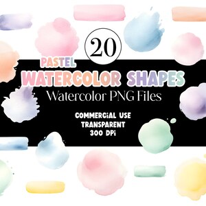 Puede incluir: Una colecci&oacute;n de 20 formas de acuarela pastel en varias formas, incluyendo c&iacute;rculos y pinceladas. La imagen presenta tonos suaves de rosa, azul, amarillo y morado. El texto sobre un fondo negro dice "PASTEL WATERCOLOR SHAPES" y "Watercolor PNG Files".