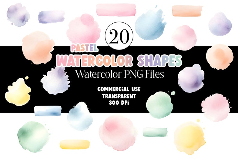 Puede incluir: Una colecci&oacute;n de 20 formas de acuarela pastel en varias formas, incluyendo c&iacute;rculos y pinceladas. La imagen presenta tonos suaves de rosa, azul, amarillo y morado. El texto sobre un fondo negro dice "PASTEL WATERCOLOR SHAPES" y "Watercolor PNG Files".
