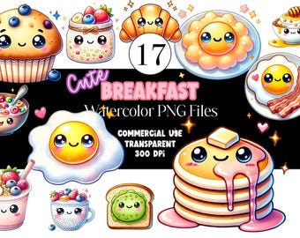 Kawaii Breakfast Clipart Food Clipart Cereal Brunch Egg Bacon Clipart Japanese Clipart Croissant Watercolor Clipart Clip Art Commercial Use