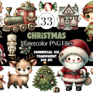 Vintage Chibi Natal PNG Chibi Santa Árvore de Natal Quebra-nozes PNG Aquarela Natal Clipart Goodnotes Adesivos Uso Comercial