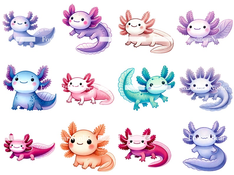 May include: Ten colorful cartoon axolotls with different colored bodies and fins. The axolotls are all smiling and have big eyes.