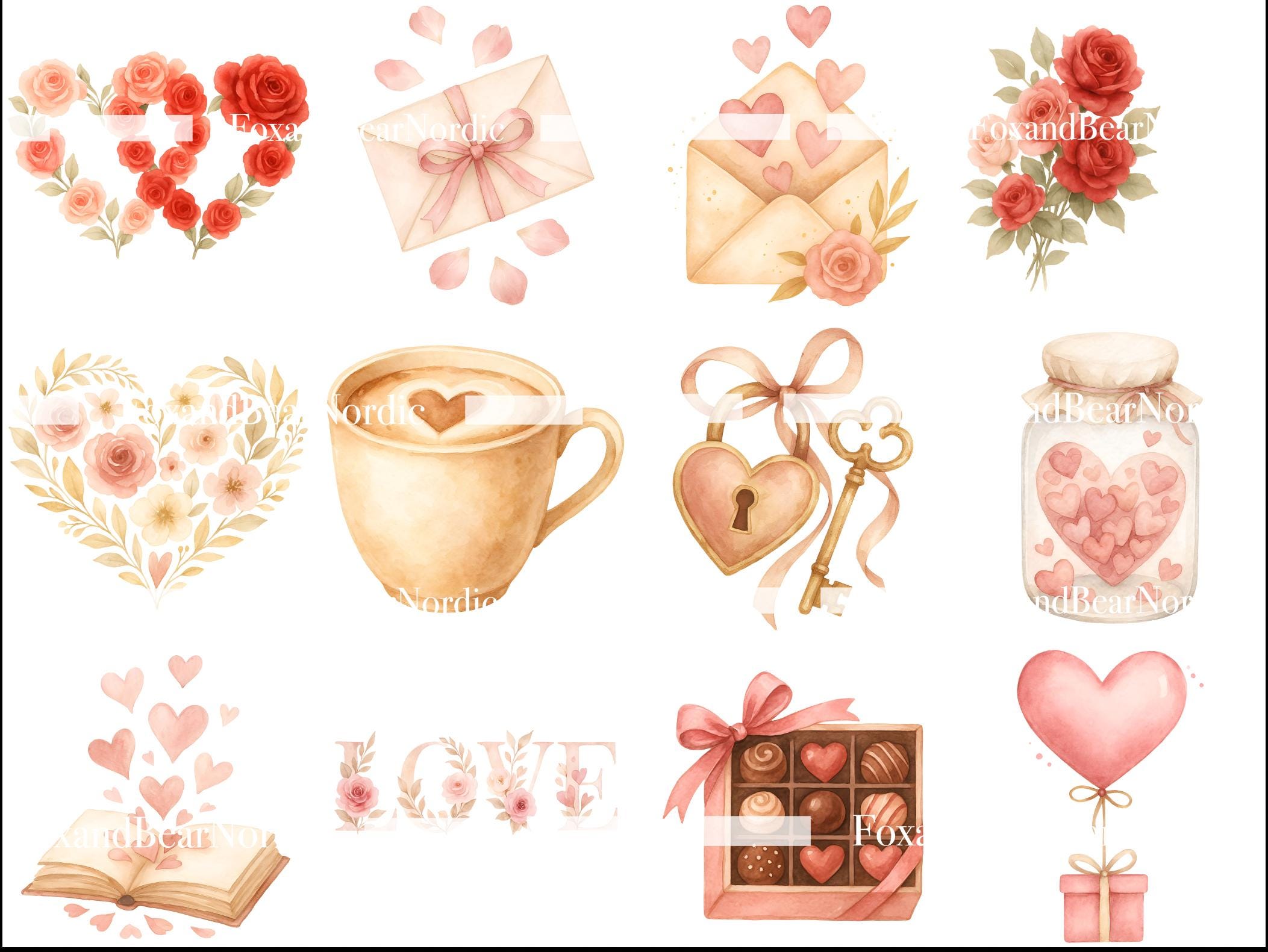 Watercolor Valentine’s Clipart PNG Bundle | Valentine Romantic Hearts, Roses, Envelopes & Love Letters | Vintage Pink Floral PNG | 300 DPI image 4