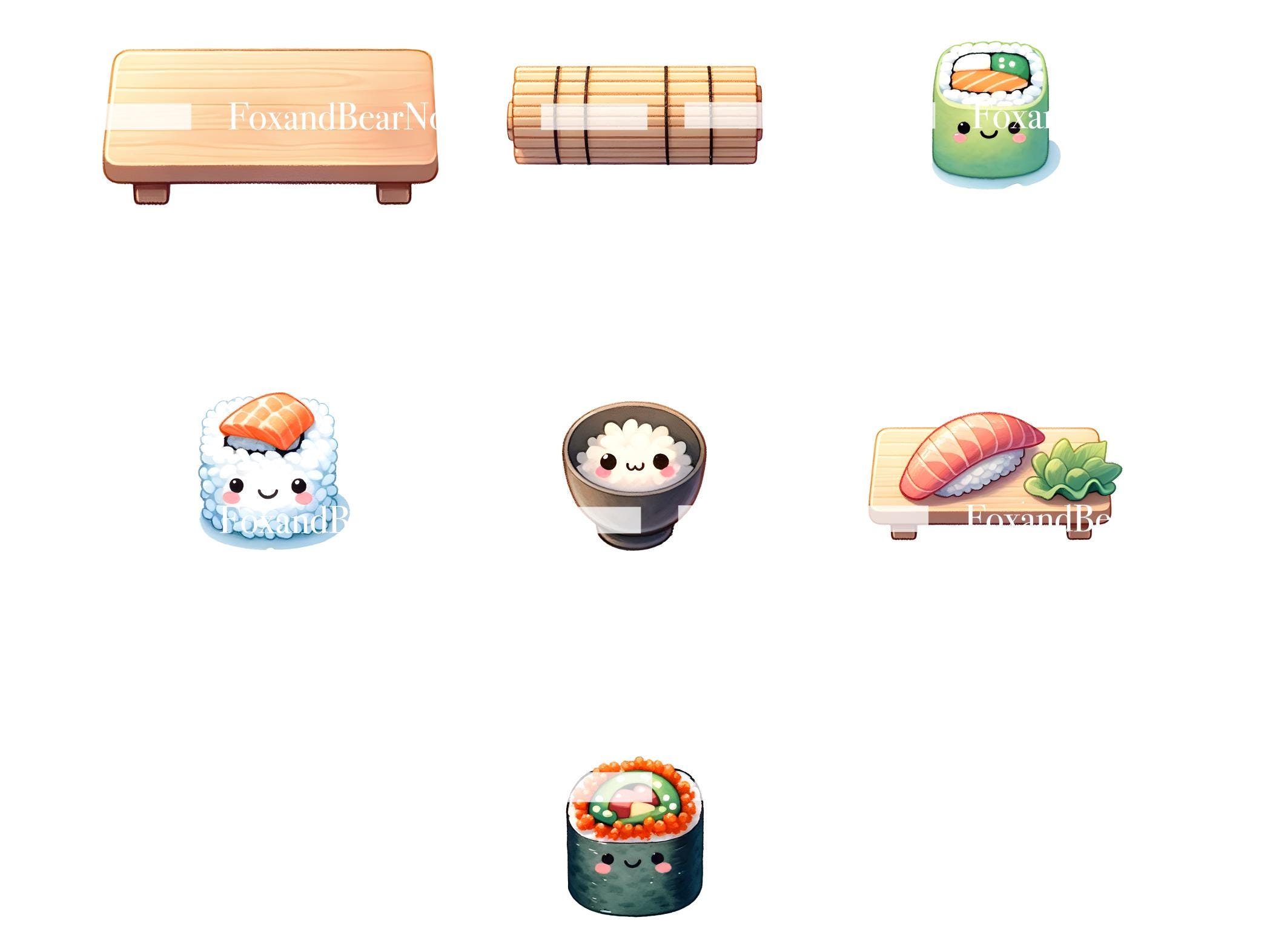 Watercolor Kawaii Sushi Clipart Food Clipart Salmon Sushi Stickers Japanese Clipart Watercolor Clipart Watercolor Clip Art Commercial Use image 8